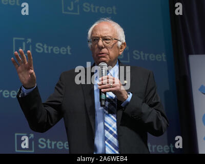 Washington DC, USA. 28th Oct, 2019. 2020 Democratic presidential candidate Senator Bernie Sanders addresses the J Street National Conference. He is interviewed by Pod Save the WorldÃs hosts Ã‘ former White House National Security Council spokesman Tommy Vietor and former Deputy National Security Advisor Ben Rhodes Ã‘ about the US-Israel relationship, the Israeli-Palestinian conflict and the future of US foreign policy. Credit: Sue Dorfman/ZUMA Wire/Alamy Live News Stock Photo