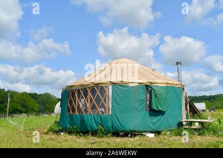 Traditional canvas yurt home with chimney at a small farm outside during sunny daytime in summer, in Decorah, Iowa, USA. Stock Photo