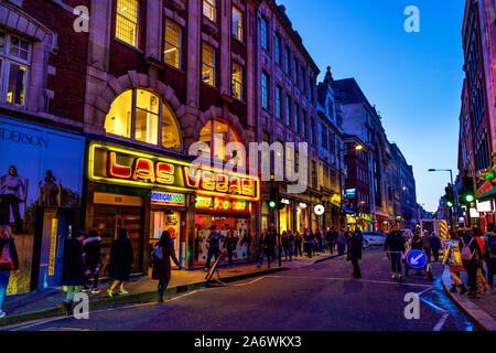 Wardour Street in the evening and Las Vegas amusement arcade in Soho, London, UK Stock Photo