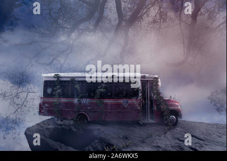 old abandoned bus over grown plants on rock cliff fantasy art Stock Photo