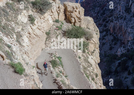 Lone hiker on a dangerous trail on the edge of a steep cliff in the Grand Canyon National Park Stock Photo