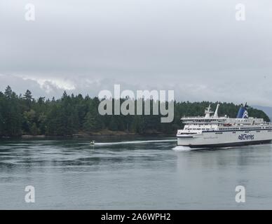 A small motor launch racing BC Ferries Spirit of Vancouver Island through Active Pass, BC. Stock Photo