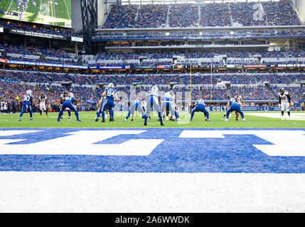 Indianapolis, Indiana, USA. 27th Oct, 2019. A general view of the action during NFL football game action between the Denver Broncos and the Indianapolis Colts at Lucas Oil Stadium in Indianapolis, Indiana. Indianapolis defeated Denver 15-13. John Mersits/CSM/Alamy Live News Stock Photo