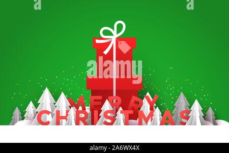 Merry Christmas greeting card illustration of papercut holiday forest landscape with pine trees and big red gift box. Stock Vector