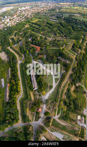 Aerial panorama view of Petrovaradin fortress trdava above the Danube River across from Novi Sad Serbia with beautiful blue sky Stock Photo