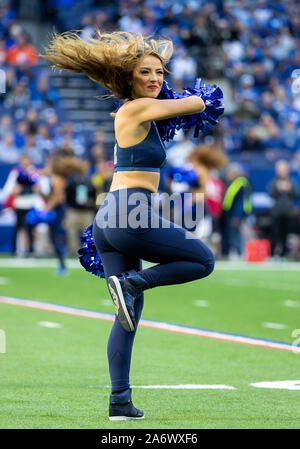 Indianapolis, Indiana, USA. 27th Oct, 2019. Indianapolis Colts cheerleader performs during NFL football game action between the Denver Broncos and the Indianapolis Colts at Lucas Oil Stadium in Indianapolis, Indiana. Indianapolis defeated Denver 15-13. John Mersits/CSM/Alamy Live News Stock Photo