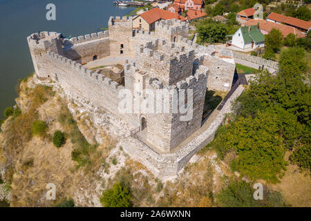 Aerial panorama view of newly restored Ram castle former Turkish stronghold on the bank of the river Danube in Serbia former Yugoslavia Stock Photo