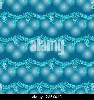 seamless vector pattern with blue hanging christmas ornaments and spruce tree baranches Stock Vector