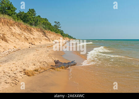 Sand and Waves on a Remote Lake Michigan Beach near Mantague, Michigan Stock Photo