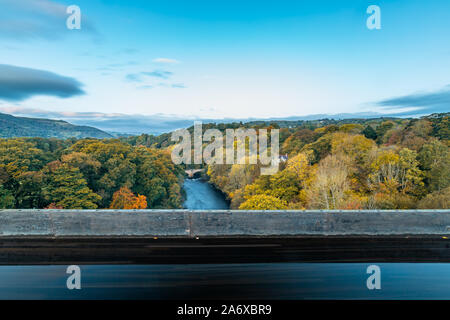 Scenic view from Pontcysyllte Aqeduct into valley at autumn in Wales, UK Stock Photo