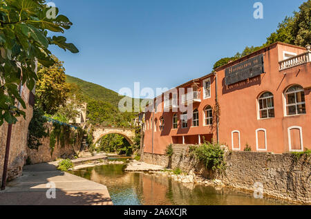 Rennes-les-Bains, a thermal spa at the banks of the Sals (Salz) river in the Corbières mountains of southern France Stock Photo