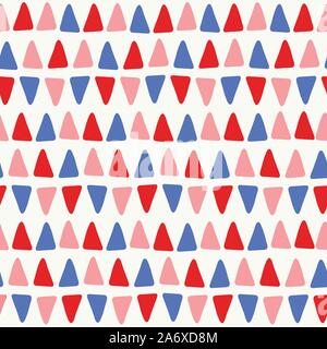 Sweet vector seamless repeat pattern of hand drawn small triangles in blue, pink and red. A fun abstract geometric repeat design background. Stock Vector