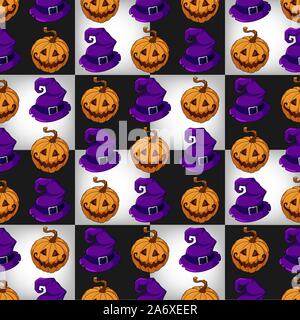 Halloween seamless pattern with pumpkins and witch hats on chessboard Stock Vector