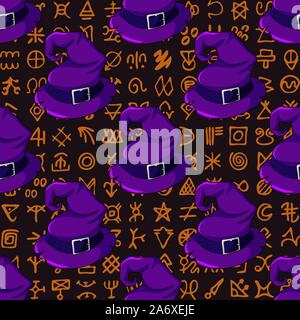 Halloween seamless pattern with witch hats on ancient scripts background Stock Vector