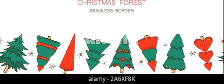 Vector seamless border with hand drawn Christmas trees and snowflakes isolated on white. Cartoon winter forest in emerald and red colors. Endless hori Stock Vector