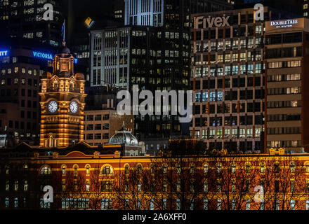 Melbourne Australia: The historic Flinders Street railway station in the heart of the city is a cultural icon of Melbourne. Stock Photo