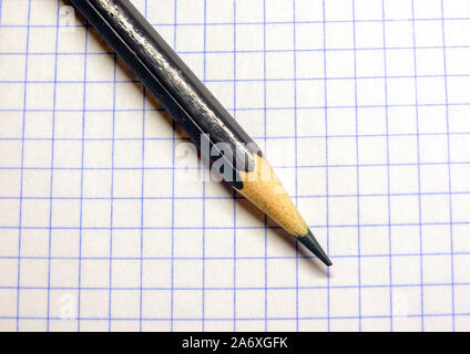 A pencil with a sharpened lead on a checkered sheet of notebook. Stock Photo