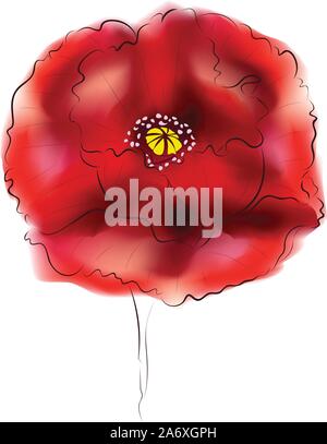 Big bright red poppy flower, digital watercolor effect made with gradient mesh. Stock Vector
