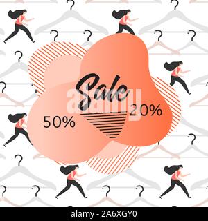 Seamless pattern Hangers, girls, inscription Sale. 50 and 20 percent price reduction advert. Black Friday, Cyber Monday background. Purchase. Discount Stock Vector