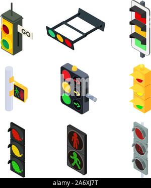 Traffic lights icons set. Isometric set of traffic lights vector icons for web design isolated on white background Stock Vector