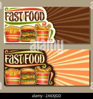 Vector banners for Fast Food with copy space, templates with set of french fries in cardboard box, fresh cheeseburger with fried cutlet & salad, layou Stock Vector