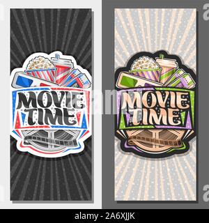 Vector vertical Banners for Movie Time, design ticket with 3d glasses, cardboard cup with popcorn, cola and two admission cinema ticket, brush letteri Stock Vector
