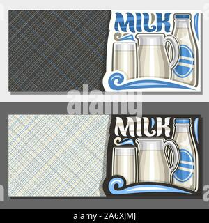 Vector banners for Organic Milk with copy space, leaflets with illustration of purity lactic yoghurt in glass jug and bottle, original typeface for wo Stock Vector