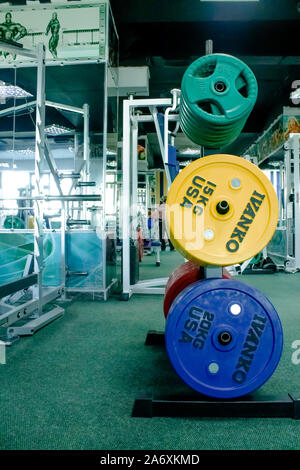 Professional red, green, blue dumbbells and weight plates on the background of the fitness room. Stock Photo