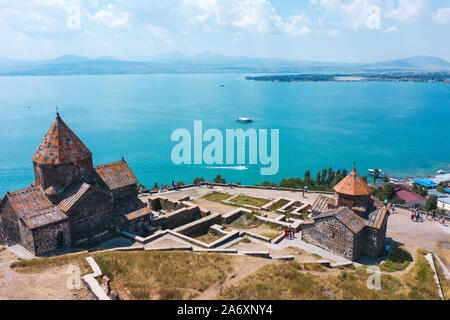 old monastery on shore of lake Sevan Stock Photo