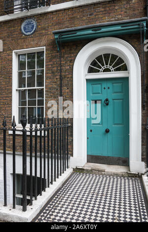 May 2019. Charles Dickens Museum. Blue Front door of his georgian house on 48 Doughty Street in Holborn, London Borough of Camden (England, UK). Stock Photo