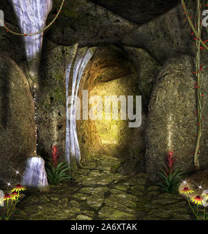 Enchanted cave with shining lights Stock Photo