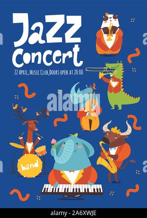 Vector design template for jazz music poster with cartoon animals playing music instruments Stock Vector