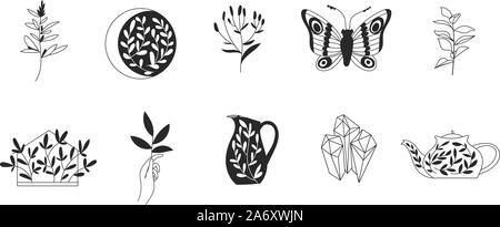 Logo templates in doodle line art and silhouette design with nature elements. Stock Vector