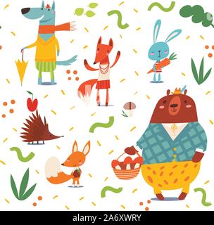 Seamless pattern in kids style with cartoon forest animals Stock Vector