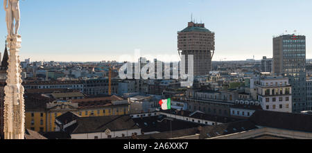 Milan, Italy: Milan skyline with Velasca Tower (Torre Velasca). This famous skyscraper, 100 metres tall, was built in the fifties. Stock Photo