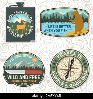 Set of outdoor adventure quotes symbol. Vector. Concept for badge, patch, shirt, logo, print, stamp or tee. Design with fishing bear, knife, mountains, deer, compass flask mountains silhouette Stock Vector