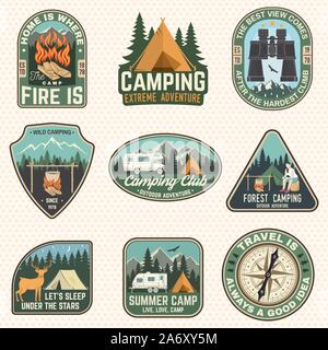 Set of Summer camp badges. Vector illustration. Concept for shirt or logo, print, stamp, patch or tee. Design with compass, camping tent, binoculars, campfire, mountains and forest silhouette. Stock Vector