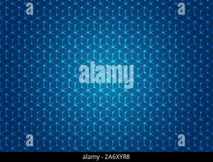 Abstract geometric hexagons shapes seamless pattern with illuminated dot on blue background. Technology concept. Vector illustration Stock Vector