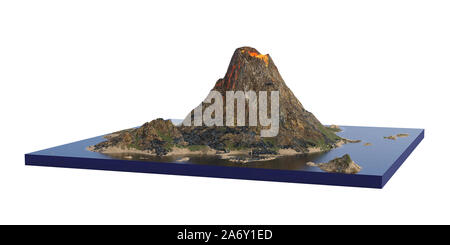 volcano erupts lava, cross section model of island with volcanism isolated on white background Stock Photo
