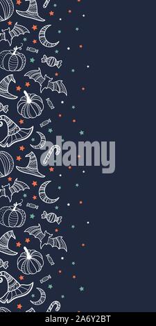 Creative halloween seamless pattern, hand drawn pumpkins, bats, witch hats and candy, detailed ornaments, great for textiles, banners, wallpapers, inv Stock Vector
