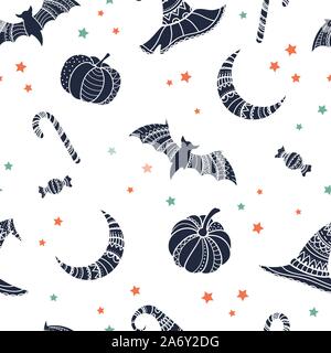 Creative halloween seamless pattern, hand drawn pumpkins, bats, witch hats and candy, detailed ornaments, great for textiles, banners, wallpapers, inv Stock Vector
