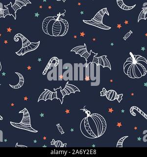 Creative halloween seamless pattern, hand drawn pumpkins, bats, witch hats and candy, detailed ornaments, great for textiles, banners, wallpapers, inv Stock Vector