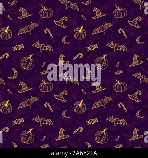 Creative halloween seamless pattern, hand drawn pumpkins, bats, witch hats and candy, detailed ornaments, great for textiles, banners, wallpapers, inv Stock Vector