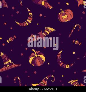 Creative halloween seamless pattern, hand drawn pumpkins, bats, witch hats and candy, detailed ornaments, great for textiles, banners, wallpapers, inv Stock Vector