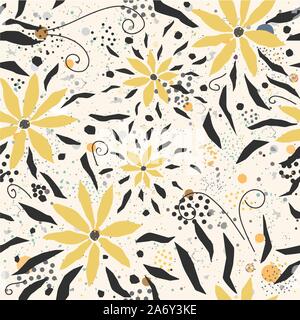 Hand Drawn Seamless Pattern with Yellow Flowers. Great for wedding cards, postcards, t-shirts, bridal invitations, dresses, posters, gift wrapping, wa Stock Vector