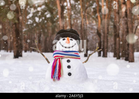 White Christmas is a childrens winter dream. Cute snowman in a city park. Stock Photo