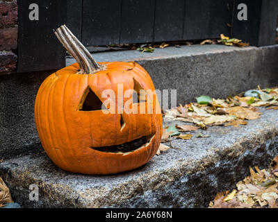 Halloween pumpkin on stairs. Orange halloween pumpkin on stone steps with autumn leaves on ground Stock Photo