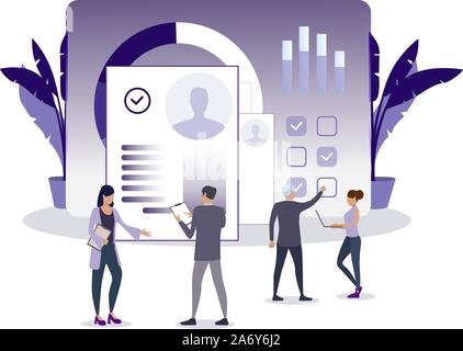 Hiring, recruiting and selection. Analysis examining candidate resume. Vector hr resource, human recruitment, look to cv illustration Stock Vector