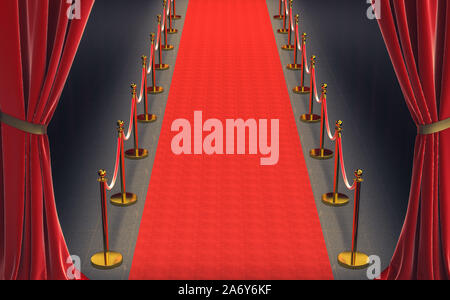 red carpet and gold barriers with red rope and large curtains at the entrance. concept of luxury and exclusivity. 3d image render Stock Photo