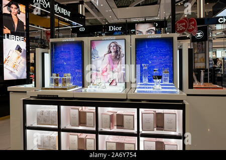The Lancome counter in  a duty free perfume shop at the Athens International Airport. With a photo of Julia Roberts. Stock Photo